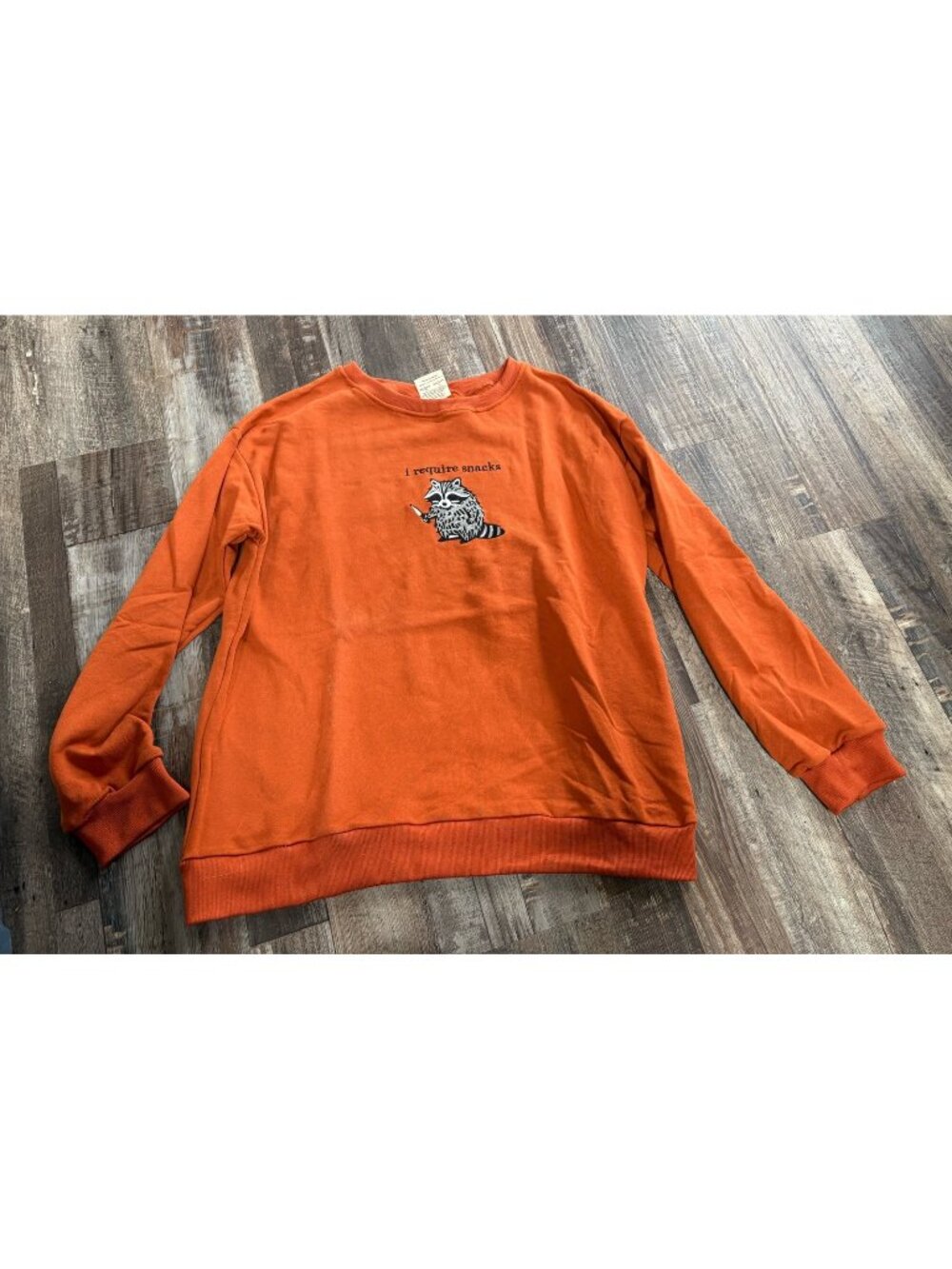 I require snacks raccoon long sleeve woman size large